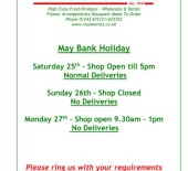 Final May Bank Holiday Weekend *Opening Times*